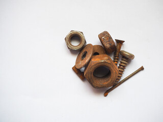 Oxidation of iron öateri. Isolated rusty hardware, gasket, screws