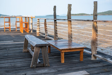 Outdoor bar counter on the terrace, with view of the sea on the background