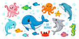 Fototapeta Pokój dzieciecy - set of funny cartoon sea animals. Cute ocean fishes, octopus, shark, dolphin, crab and whale. underwater animals. 