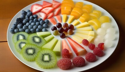 Wall Mural - The vibrant array of fruits on the white platter. Generative AI