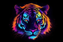Fierce Neon Tiger: Wild Animal Majesty On A Psychic Wave. Generative AI