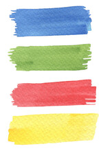 Watercolor Set Of Brushes For You Design. Isolated Color Strips On White Background. Blue, Green, Red And Yellow Textures. Hand Drawn Painting.