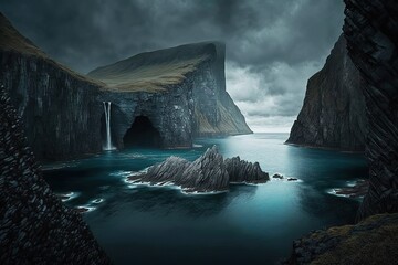 Wall Mural - A stunning picture of a big cliff overlooking blue sea on a rainy day. Generative AI