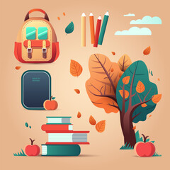 School and education related objects. Design elements stickers with backpack, autumn trees, apple and books, vector flat illustration