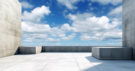 Poster - Empty concrete floor on the rooftop with blue sky and white clouds background. High quality photo