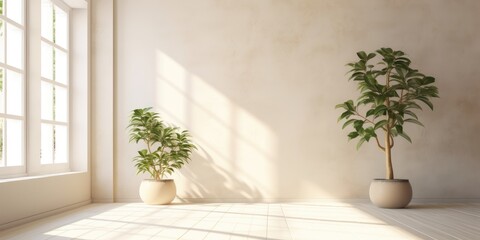 Two plants in a light-flooded room with cream-white walls (Generative AI, Generativ, KI)