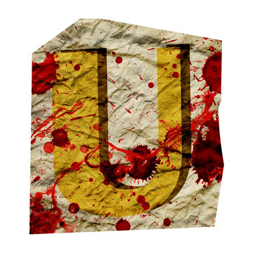 Cut out ransom alphabet letter. Blackmail Ransom Kidnapper Anonymous Note Font. English Letter crumpled grungy vintage old paper texture with blood splashes isolated on a white. Collage style design