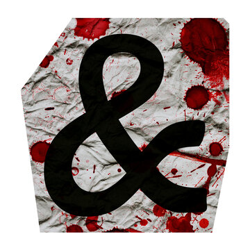 Cut out ransom ampersand symbol, also known as the and sign, is the logogram. Crumpled grungy vintage old paper texture with blood splashes isolated on a white. Collage style design