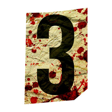 Ransom collage element. Cut out ransom number. Blackmail Ransom Kidnapper Anonymous Note Symbol. Crumpled grungy vintage old paper texture with blood splashes isolated on a white. Creative design