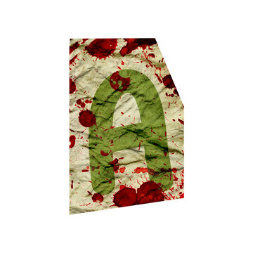 Ransom letter alphabet collage font. Cut out alphabet letter. Blackmail Ransom Kidnapper Anonymous English Letter crumpled grungy vintage old paper texture with blood splashes isolated on a white