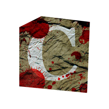 Ransom letter alphabet collage font. Cut out alphabet letter. Blackmail Ransom Kidnapper Anonymous English Letter crumpled grungy vintage old paper texture with blood splashes isolated on a white