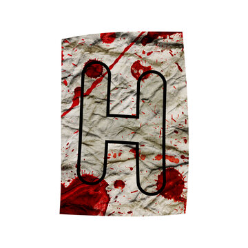 H Cut out ransom alphabet letter. Blackmail Ransom Kidnapper Anonymous Note Font. Criminal Latin English ransom letter. Grungy torn crumpled paper font with blood splashes isolated on white background