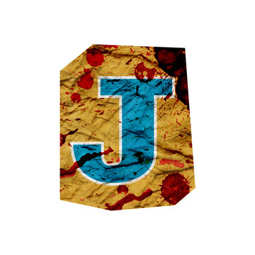 Cut out ransom alphabet letter. Blackmail Ransom Kidnapper Anonymous Note Font . Criminal Latin English ransom letter. Grungy torn crumpled paper font with blood splashes isolated on white background
