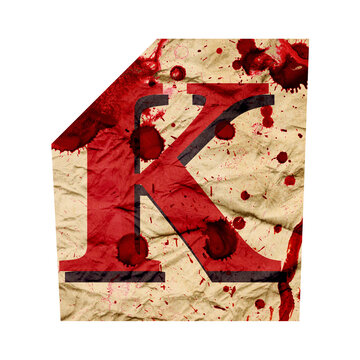 Cut out ransom alphabet letter. Blackmail Ransom Kidnapper Anonymous Note Font . Criminal Latin English ransom letter. Grungy torn crumpled paper font with blood splashes isolated on white background
