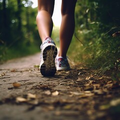 girl in sports leggings and sneakers running along the path in the sun, women's sports legs, Generative AI