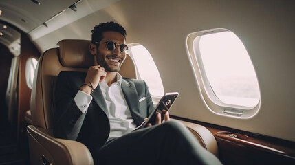 Young Adult Affluent Indian Man Talking on His Cell Phone In His Private Executive Jet - Generative Ai.