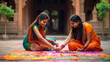 Young Indian Women Enjoying Rangoli Chalk Painting Together - Generative AI.
