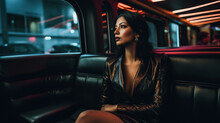 Stylish Young Adult Indian Woman Riding In The Back Of Her Limousine - Generative AI.