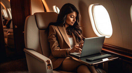 Young Adult Affluent Indian Woman Sitting and Working on Her Computer Laptop In Her Private Executive Jet - Generative Ai.