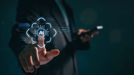 Aufkleber - Business man using digital chatbot application Artificial Intelligence (AI) at home for online customer service. AI Chat Technology for Seamless Communication and Customer Engagement.
