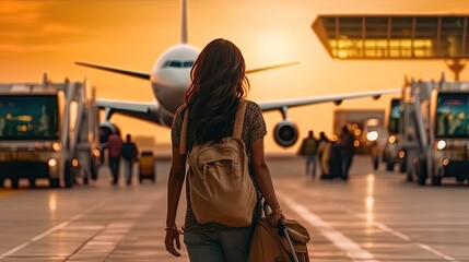 indian young girl with tourist backpack back view walking at on airport generative ai