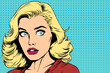 Surprised young beautiful blonde woman with wide open blue eyes, vector illustration in vintage pop art comic style