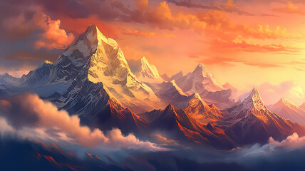 Canvas Print - Banner of mountain peaks in beautiful stormy sunset light. Generative ai