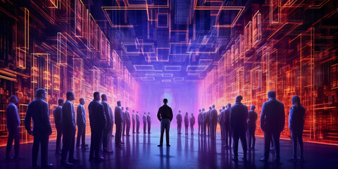 Digital graphics Futuristic 3D Concept, Big Data Center , Chief Technology Officers Standing In Warehouse, Information Digitalization Lines, technology and data, Generative AI.