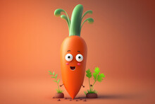 Cute Orange Carrot 3d Cartoon Character. Ripe Carrot Unpeeled Vegetable With Eyes. Funny Mascot On Flat Background, Copy Space For Text. Generative AI 3d Render Illustration Imitation.