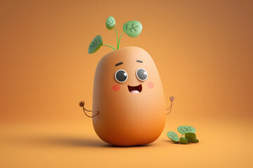 Sticker - Cute brown potato 3d cartoon character. Unpeeled potato vegetable with eyes and greens. Funny mascot on flat background, copy space. Generative AI 3d render illustration imitation.