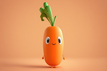 Canvas Print - Kawaii orange carrot 3d cartoon character. Ripe carrot unpeeled vegetable with eyes. Funny mascot on flat background, copy space. Generative AI 3d render illustration imitation.