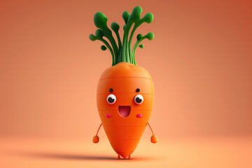 Wall Mural - Smiling orange carrot 3d cartoon character. Ripe carrot unpeeled vegetable with eyes. Funny mascot on flat background, copy space. Generative AI 3d render illustration imitation.