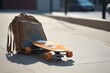 © domi002 - A detailed view of a skateboard and bag resting on a public sidewalk.