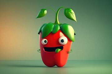 Sticker - Cute red bell pepper 3d cartoon character. Ripe pepper vegetable with leaves. Funny mascot on flat background, text space. Generative AI 3d render illustration imitation.