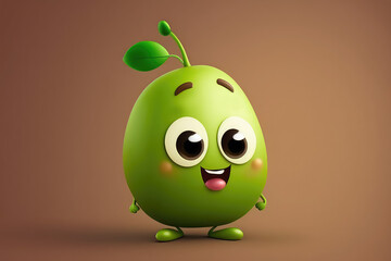 Wall Mural - Pretty green olive 3d cartoon character. Ripe oliv vegetable with leaves. Funny mascot on flat background, copy space for text. Generative AI 3d render illustration imitation.