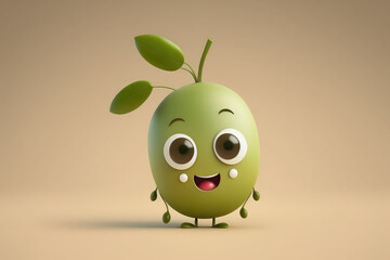 Wall Mural - Cute green olive 3d cartoon character. Ripe oliv vegetable with leaves. Funny mascot on flat background, copy space for text. Generative AI 3d render illustration imitation.