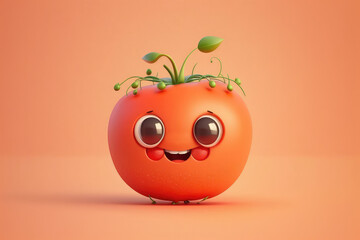 Canvas Print - Cute red tomato 3d cartoon character. Ripe tomato vegetable with leaves. Funny mascot on flat background, copy space. Generative AI 3d render illustration imitation.