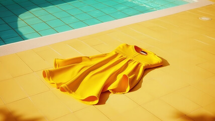 Woman sitting at pool in yellow boho dress, summer trend fashion. Generative ai