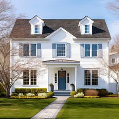 Colonial style white wooden cladding family house exterior. Beautiful front yard landscaping design with lawn and flower bed. Created with generative Ai