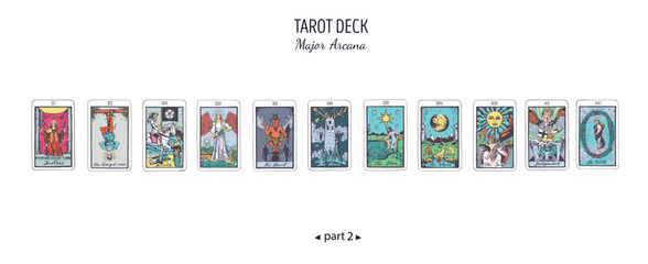 tarot card colorful deck. major arcana set part . vector hand drawn engraved style. occult and alche