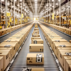 Conveyor with boxes for delivery in automated warehouse. Cardboard parcels on production line. Distribution center with boxes. Created with generative Ai