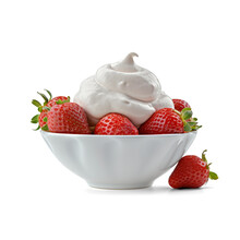 Bowl Of Strawberries And Cream Isolated On Transparent Or White Background, Png