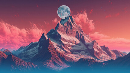 Canvas Print - Moon Rises over A Mountain. Generative ai