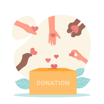 hands of people donate. volunteers give hearts to donation box flat vector illustration. hope, solid