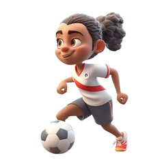 Canvas Print - 3d illustration of a little girl playing football.  isolated white background