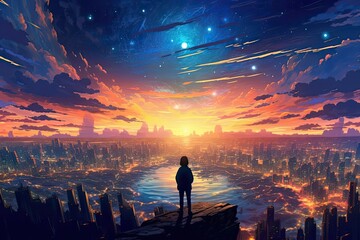 Wall Mural - An anime-inspired picture captures the beauty of a serene sunset, with warm hues painting the sky, creating a breathtaking and tranquil scene