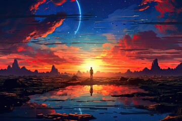 Wall Mural - An anime-inspired picture captures the beauty of a serene sunset, with warm hues painting the sky, creating a breathtaking and tranquil scene