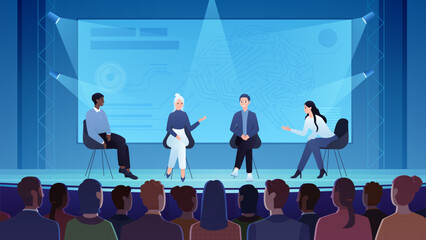 science conference, lecture with presentation in front of audience vector illustration. cartoon inte