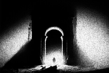 Aufkleber - Ancient ruins in sci-fi scene with dotwork retro style. Mysterious gate debris with dramatic lights and retro texture