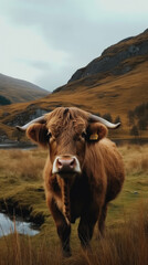 A serene scene capturing a Scottish cow harmoniously coexisting with nature in the mountainous terrain . Generative AI